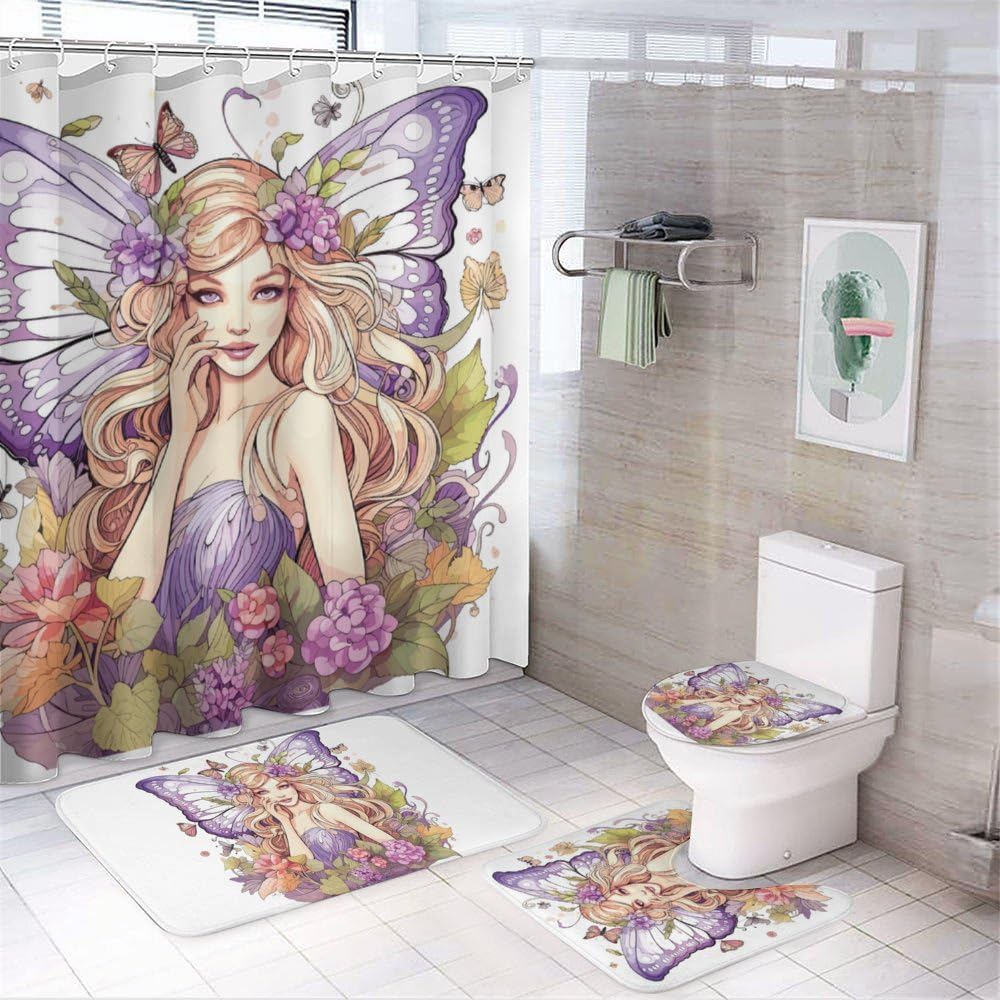 Kuizee 4-Piece Shower Curtain Set with Rugs 1
