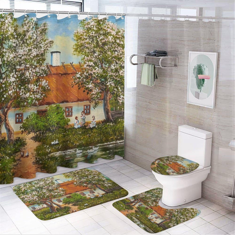 Kuizee 4-Piece Rural Landscape Shower Curtain Set