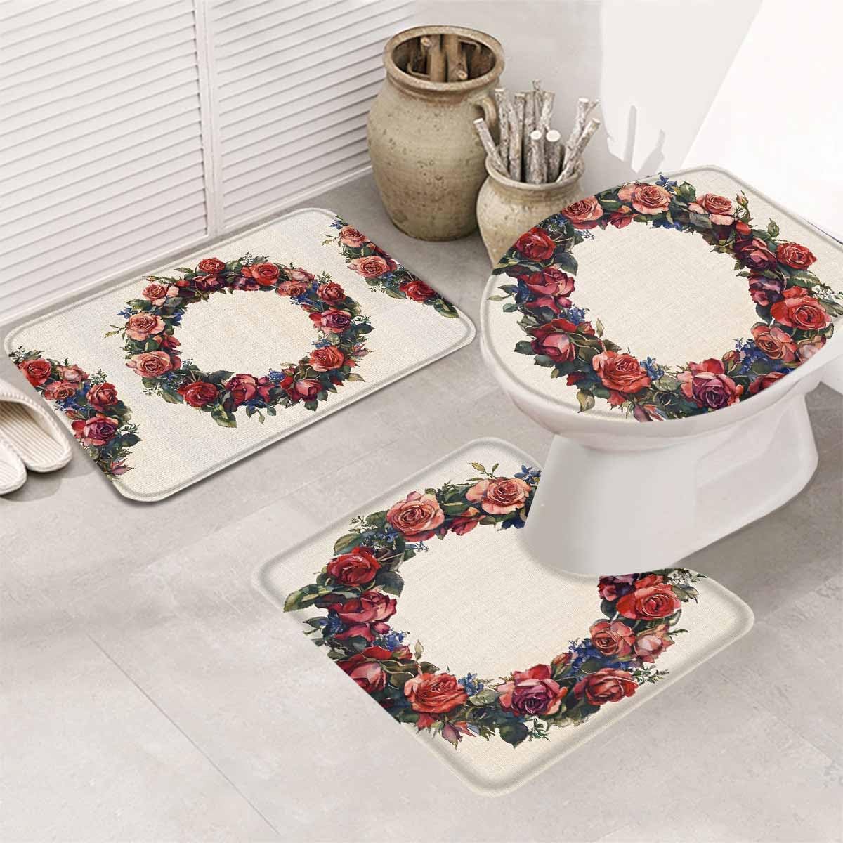 Wotrend Spring 3 Piece Bath Rug Set Red Rose Wreath
