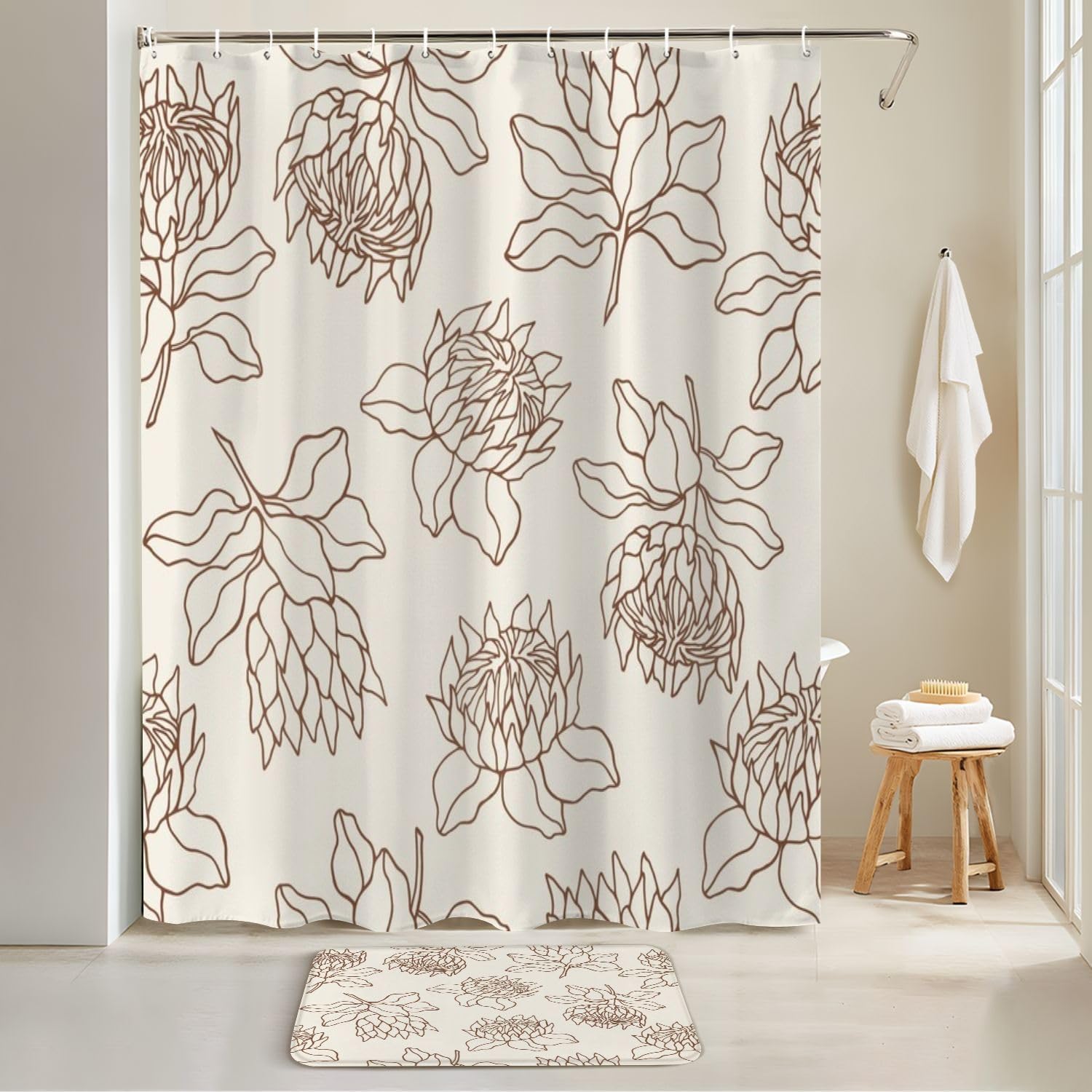 4 Piece Shower Curtain Set with Non-Slip Rugs and Mats