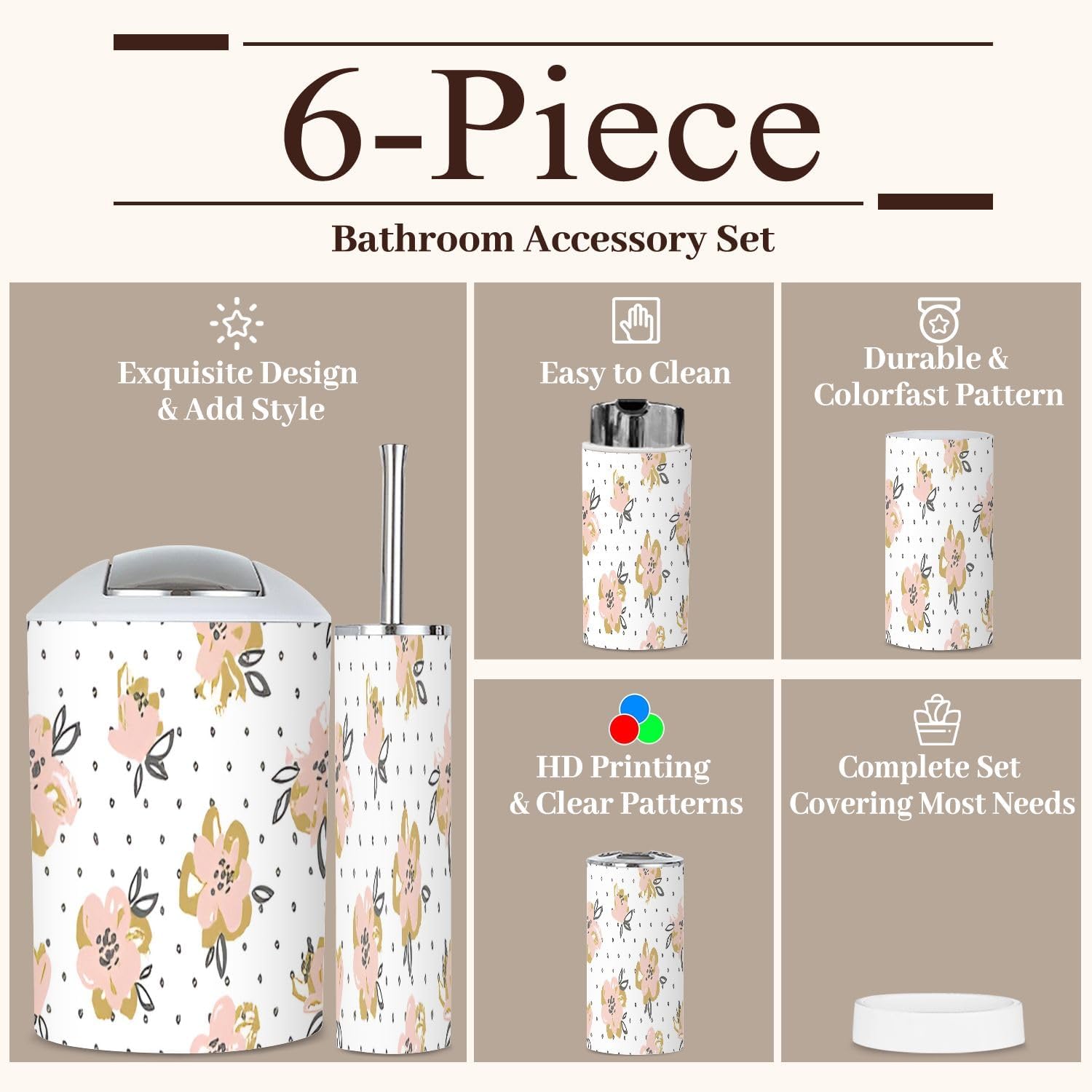 6 Piece Bathroom Accessory Set Pink Gold Floral Design