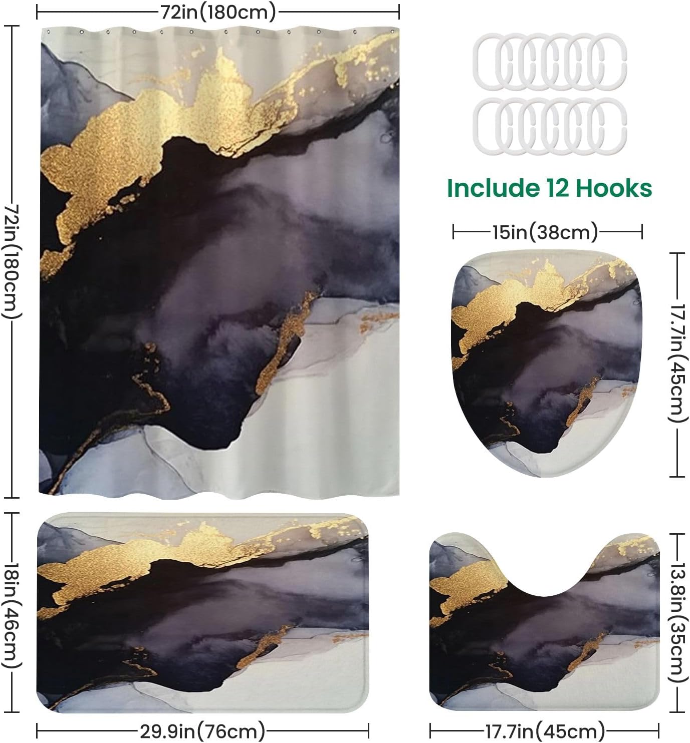 4-Piece Shower Curtain Set with Non-Slip Mats and Rugs