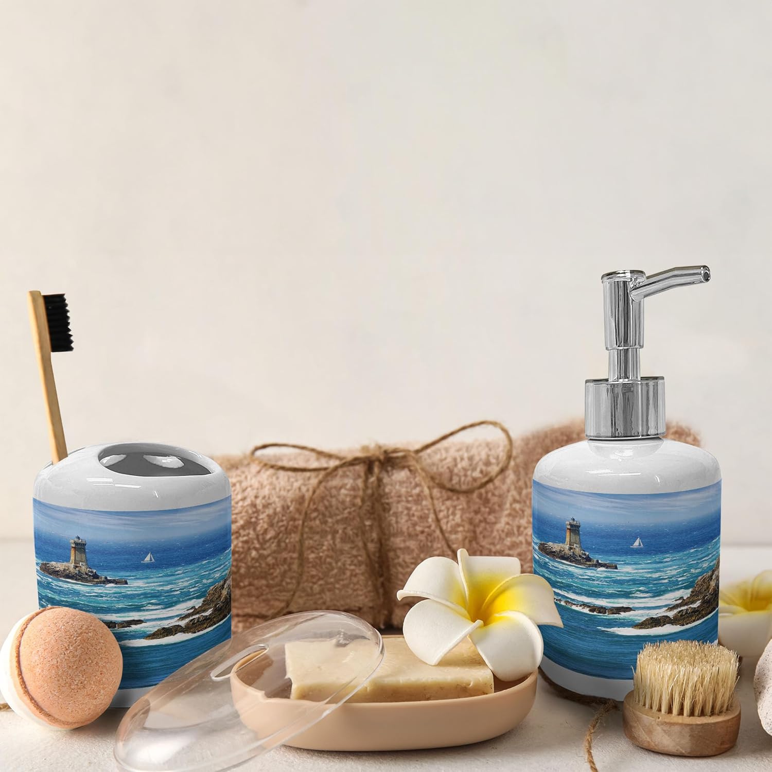 Ambesonne Lighthouse Soap Toothbrush Holder Set Ceramic 2 Pcs Blue Grey White