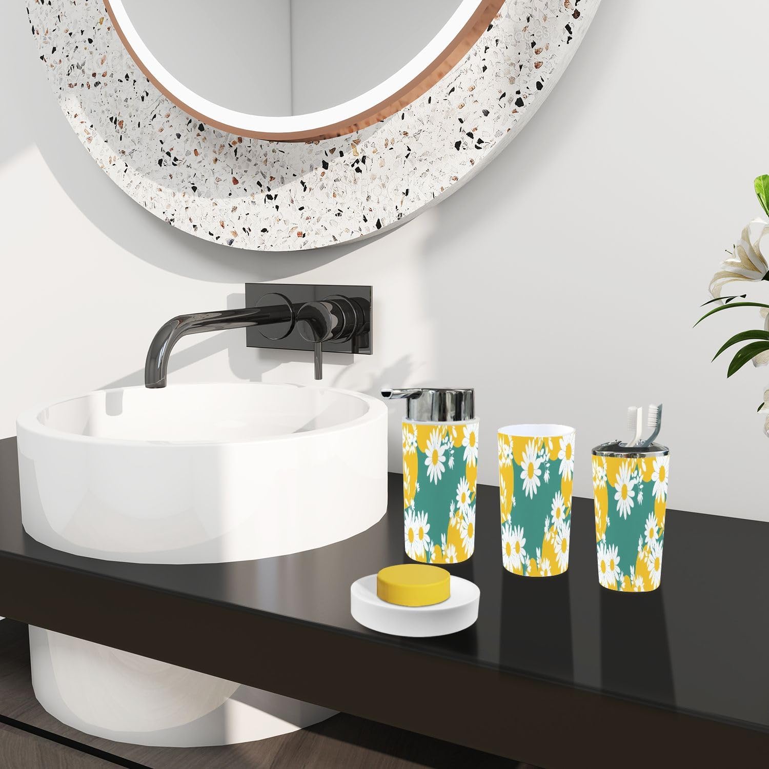 TRANQDEHOM 6 Piece Boho Daisy Flower Bathroom Accessory Set