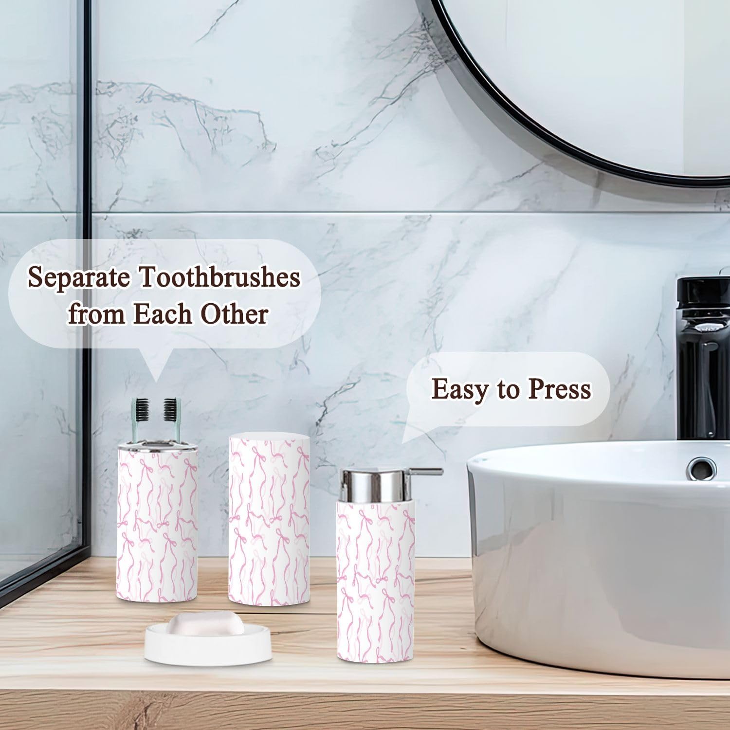6 Piece Bathroom Accessories Set in Elegant Pink and White