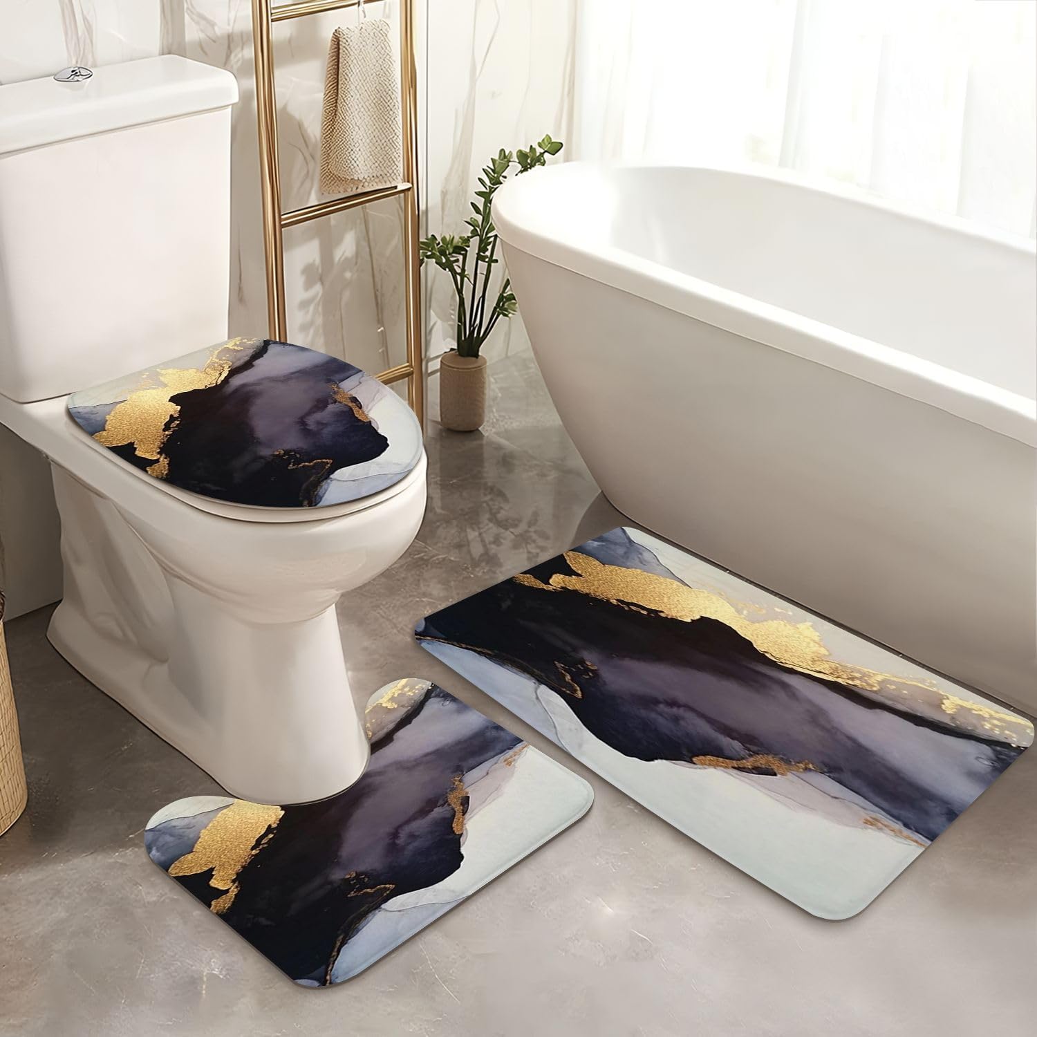 4-Piece Shower Curtain Set with Non-Slip Mats and Rugs
