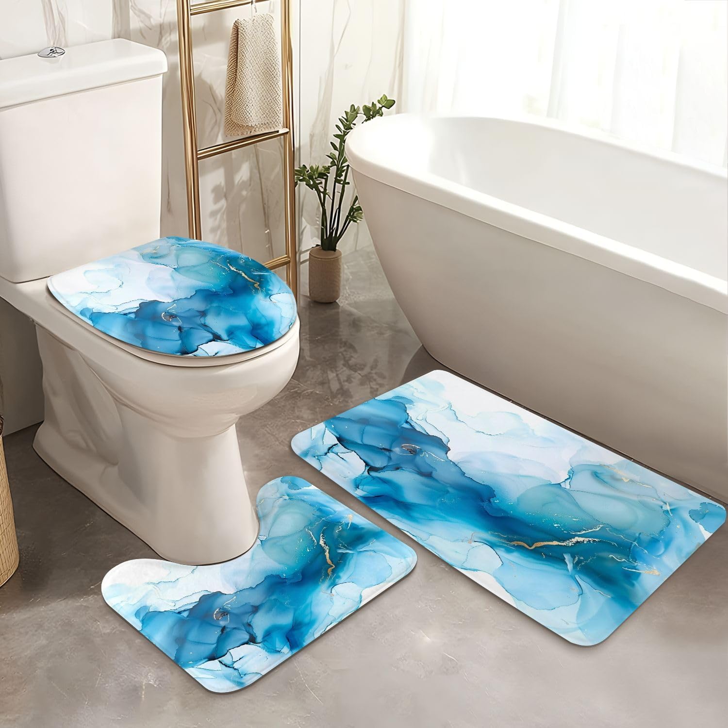 4-Piece Shower Curtain Set with Rugs and Mats Cyan Blue Pattern