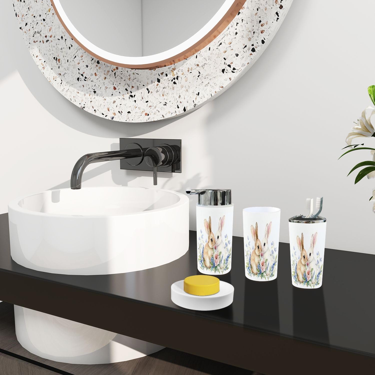 Boho Bathroom Accessory Set 6 Piece with Cute Bunnies and Flowers