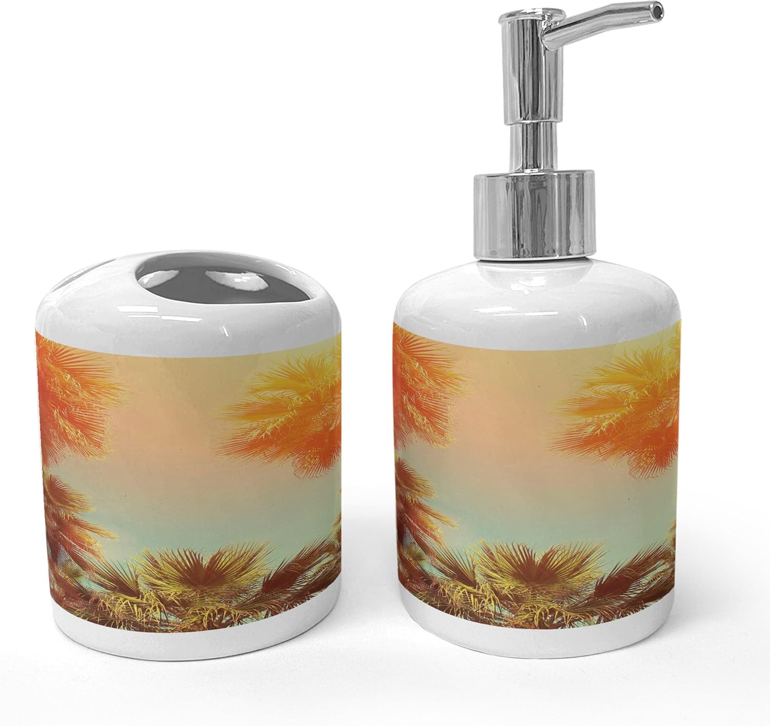 Ambesonne Ceramic Soap Dispenser Toothbrush Holder Set Orange Green
