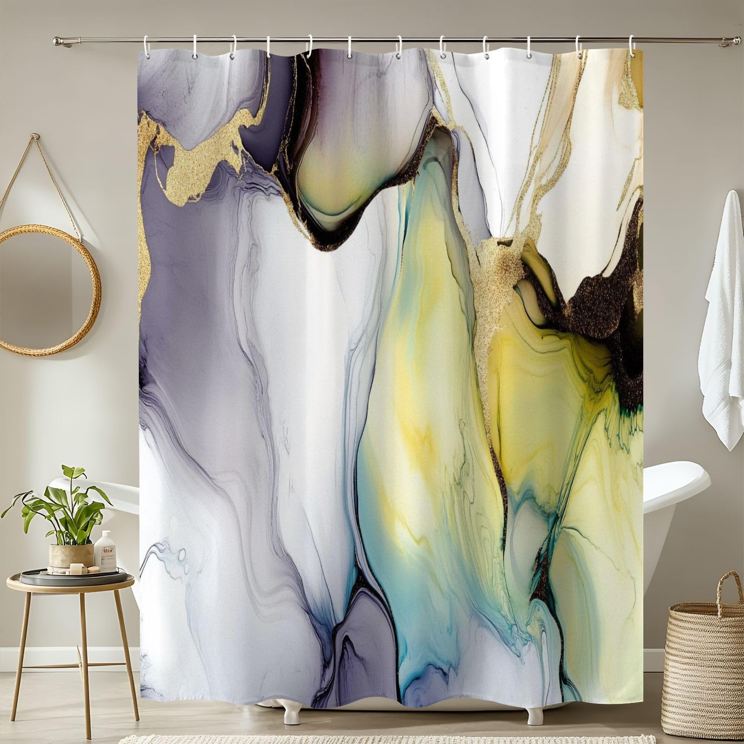 4 Piece Shower Curtain Set with Rugs Mats and HD Pattern