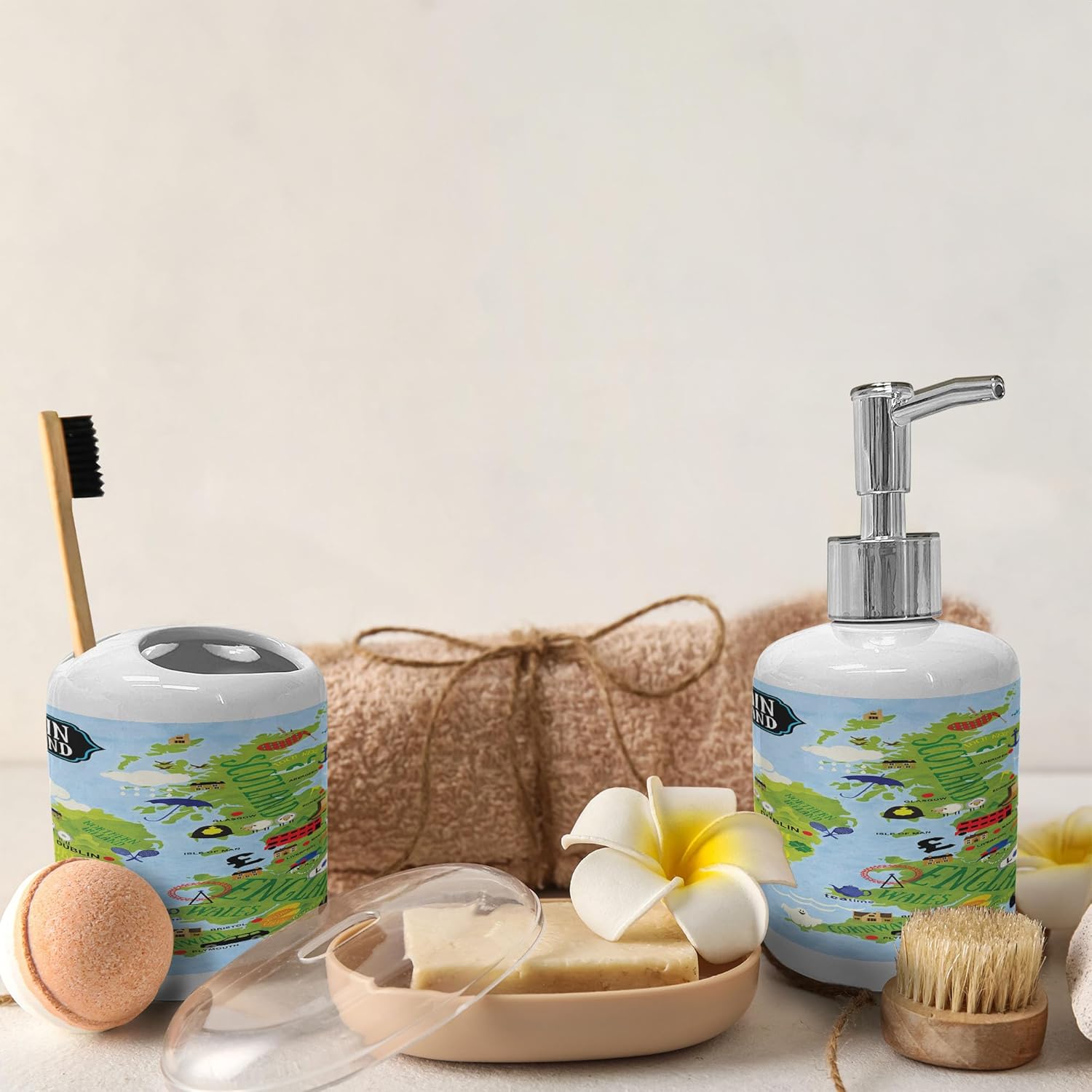 Ambesonne Cartoon Soap Toothbrush Holder Set 2 Pcs Apple Green and Pale Blue