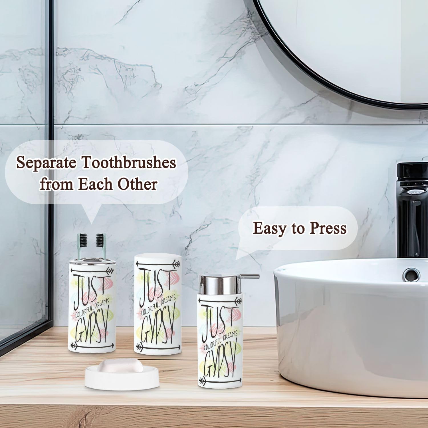 JBNJANKDAV 6 Pcs Bathroom Accessories Set with Ethnic Feathers Design