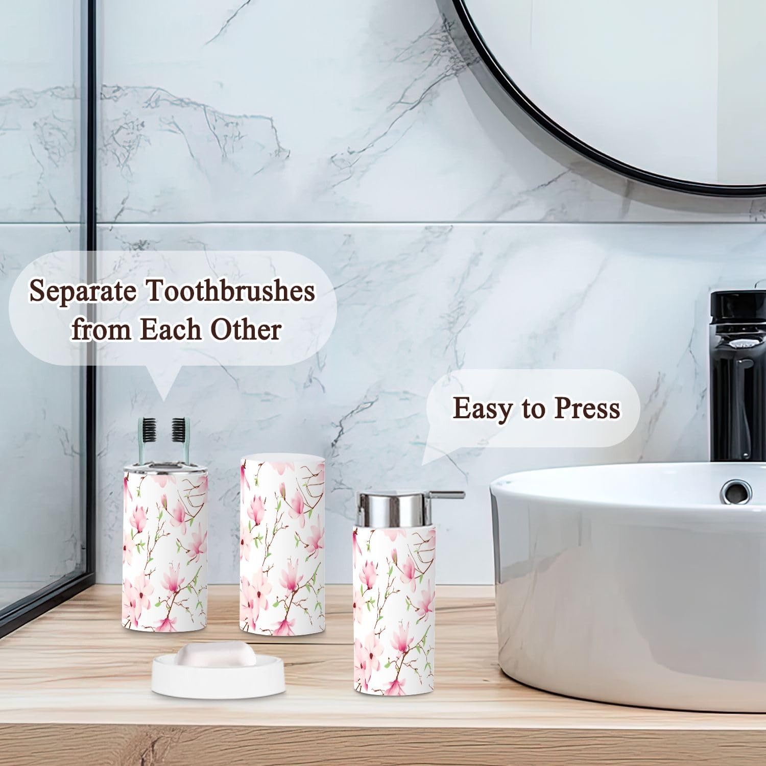Bathroom Accessories Set 6 Pcs Spring Magnolia Flowers