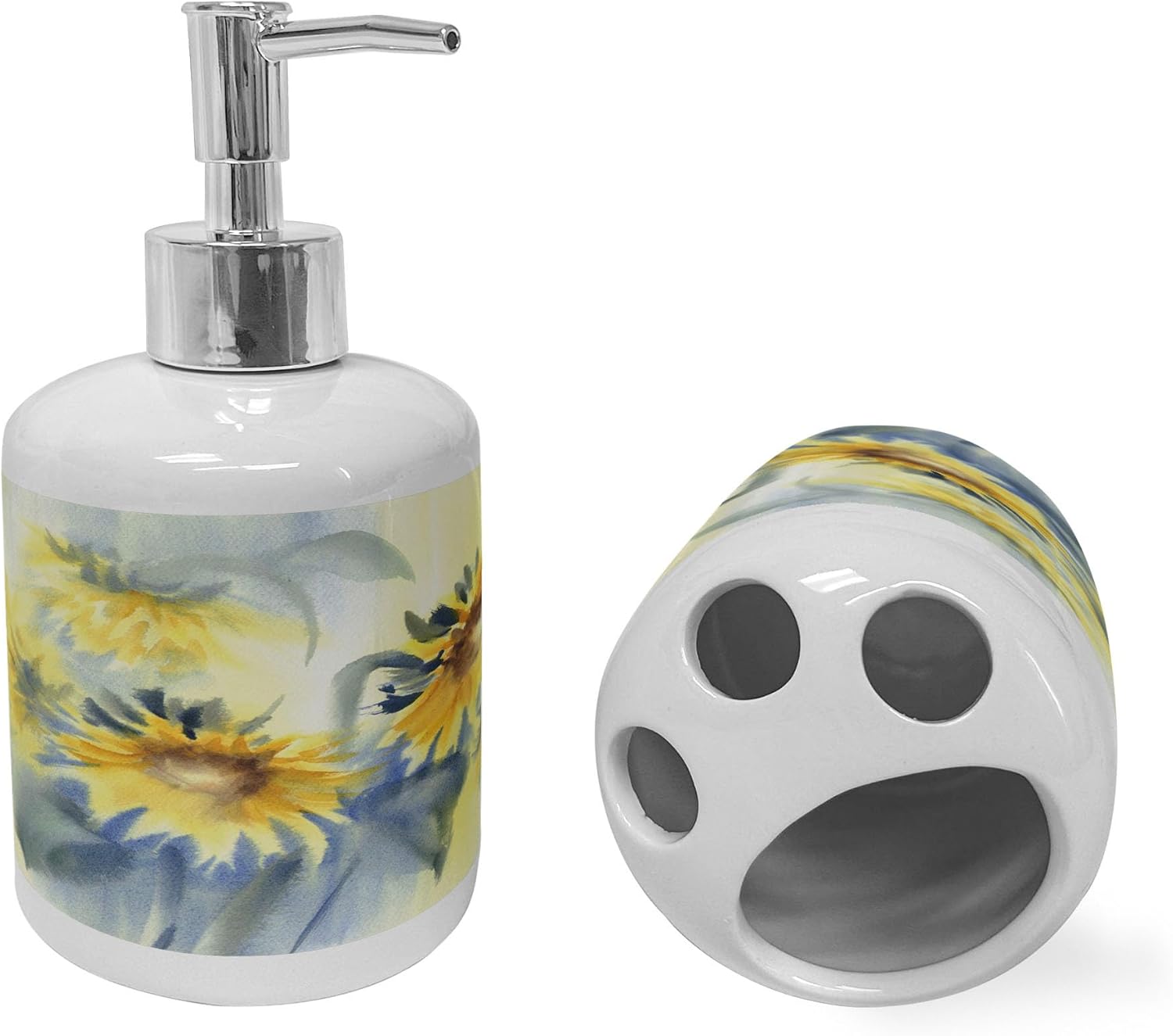 Ambesonne Floral Soap Dispenser and Toothbrush Holder Set Blue Grey Pale Yellow