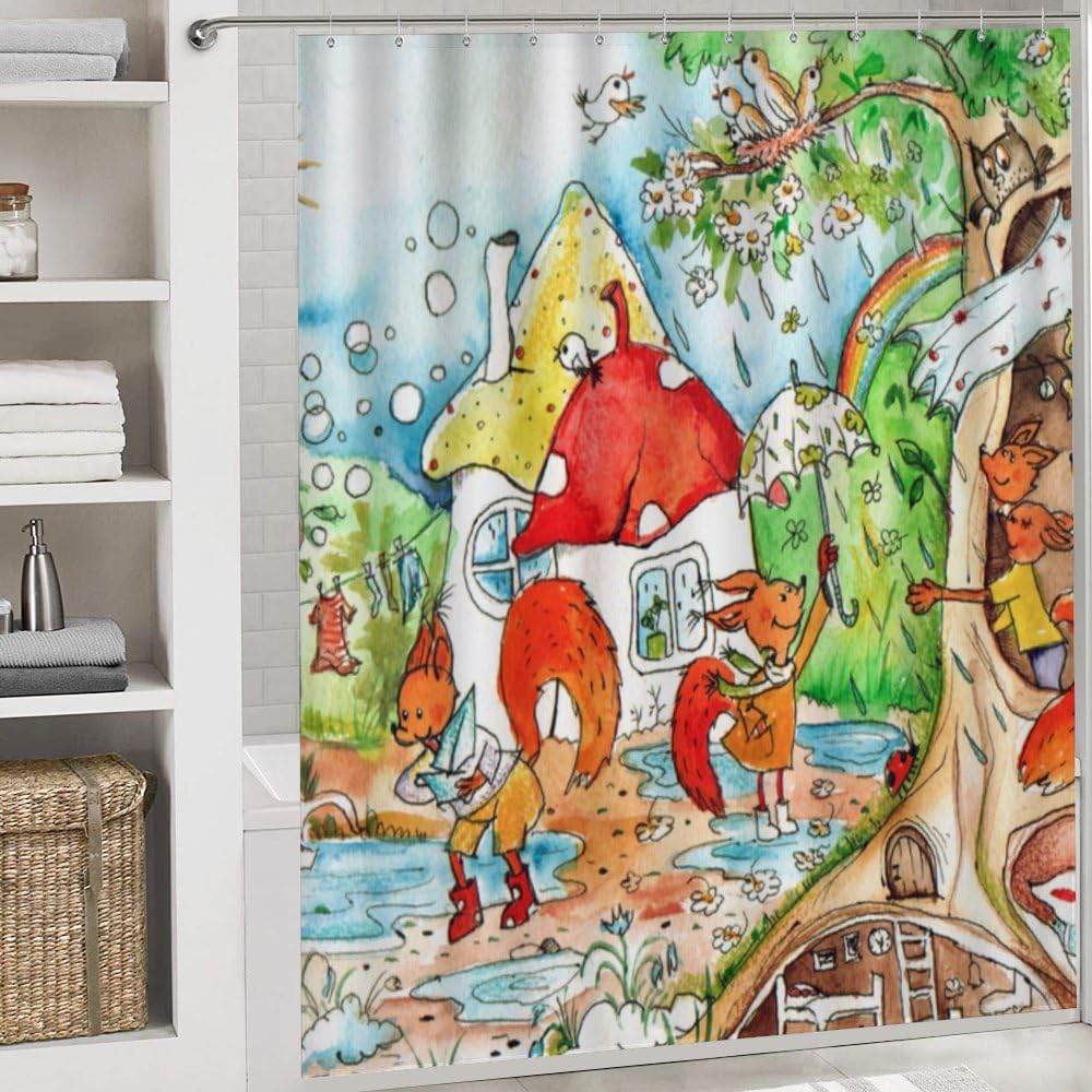 Kuizee Forest Animals Shower Curtain Set with 4 Bath Rugs
