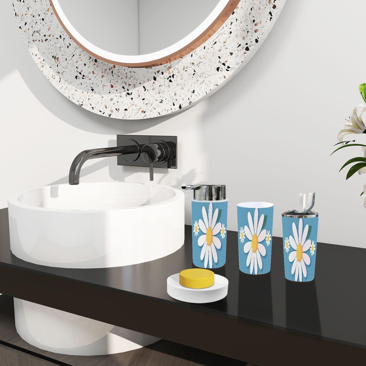 Boho White Daisy Bathroom Accessory Set 6 Piece