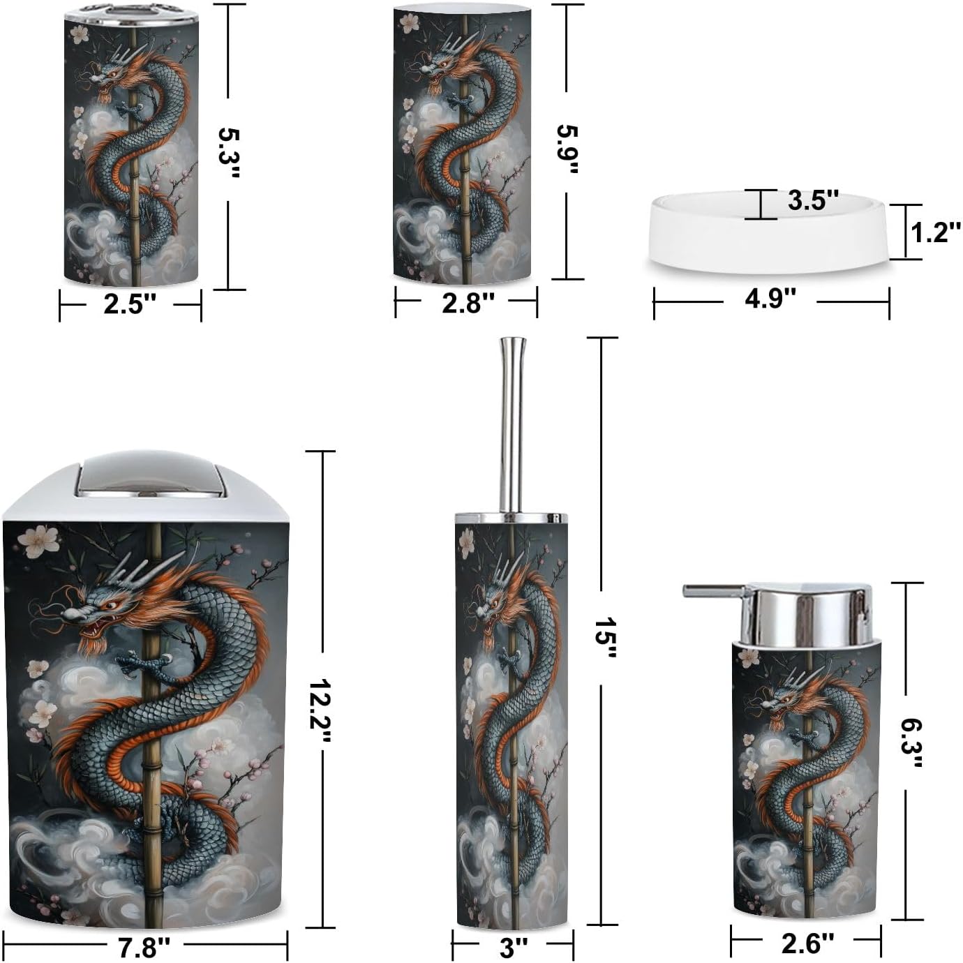 6 Piece Bathroom Accessories Set with Dragon Plum Blossoms Design