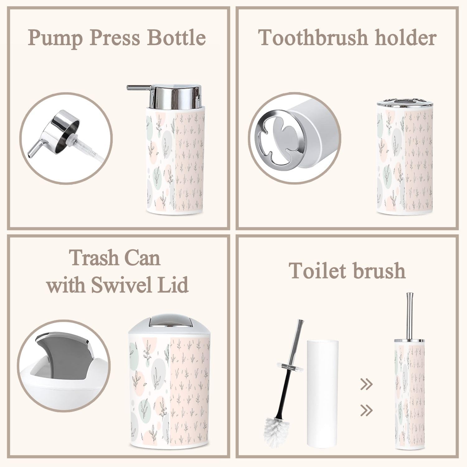 6 Piece Boho Bathroom Accessories Set with Hand Drawn Floral Design