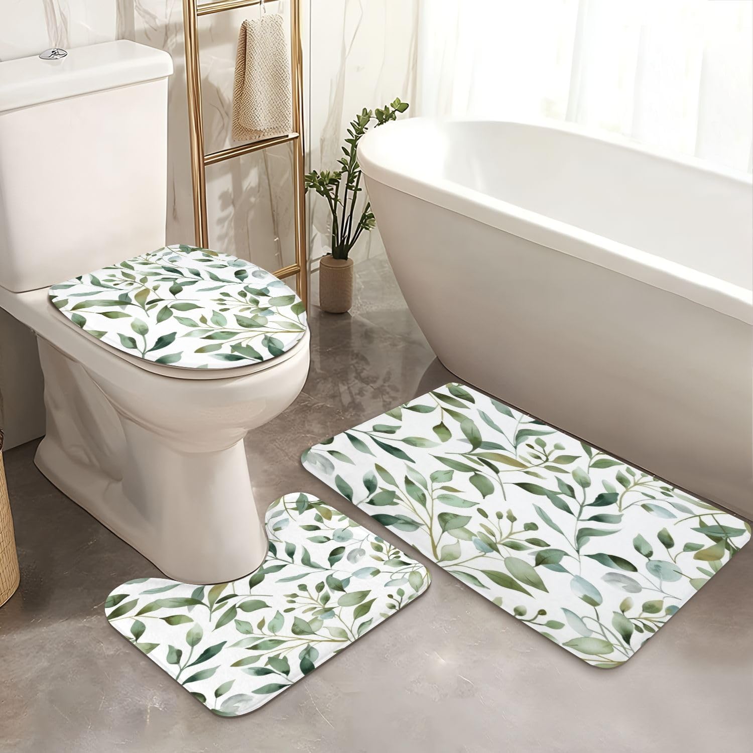 4 Pieces Shower Curtain Set with Rugs and Mats Abstract Flower Design