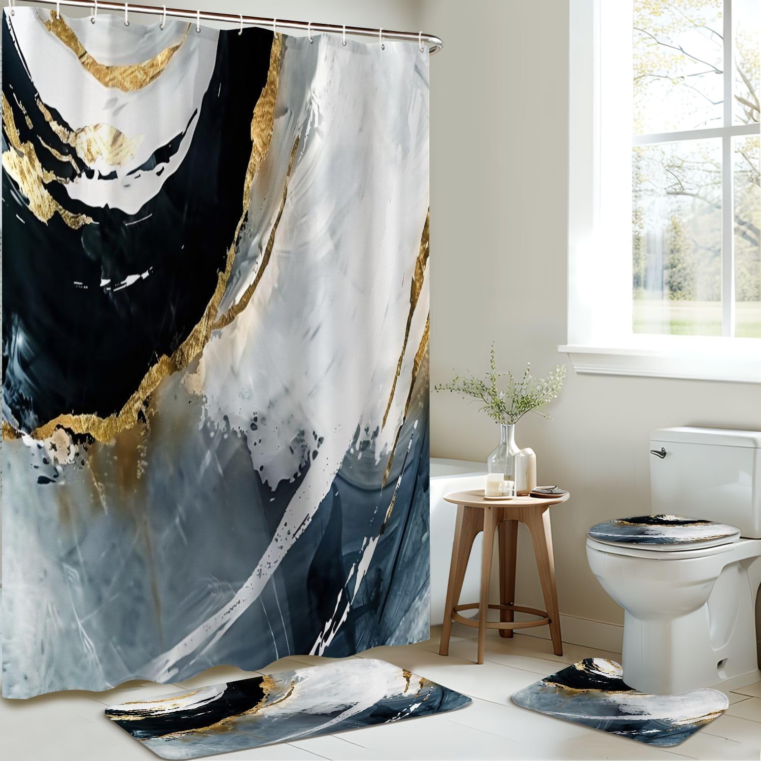 JCOOKLOFTS 4 Piece Shower Curtain Set with Rugs and Mat