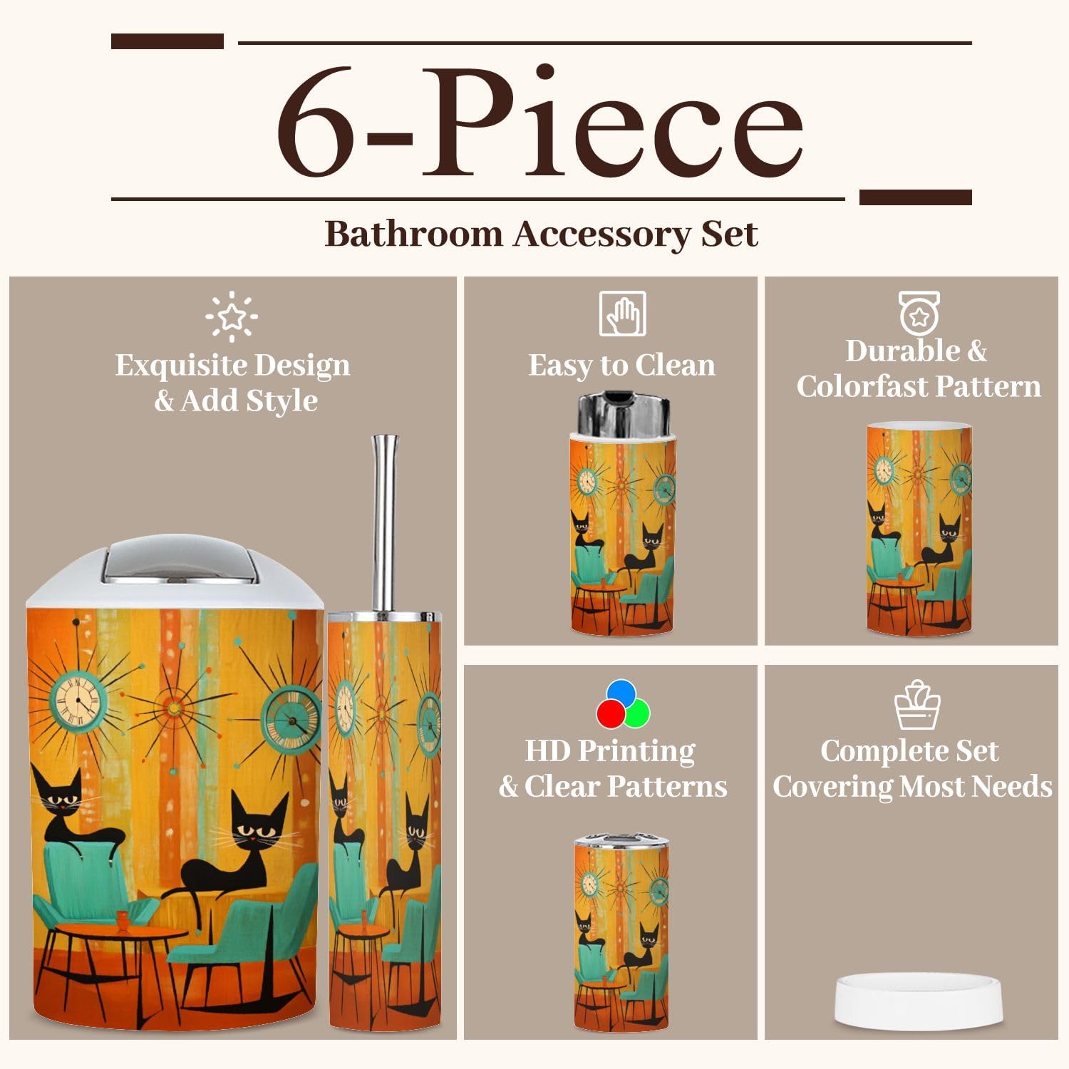 Retro Cats Bathroom Accessories Set 6 Piece 1