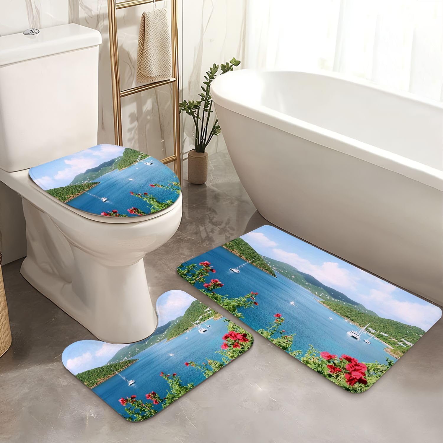 4 Piece Shower Curtain Set with Non-Slip Rugs and Mat
