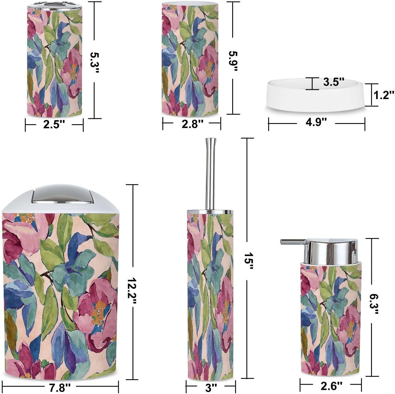 6-Piece Boho Bathroom Accessories Set with Tropical Flowers
