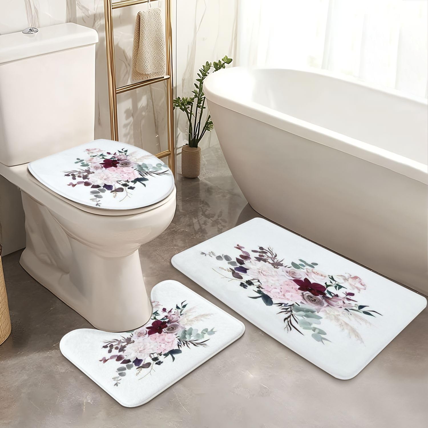 4 Pieces Dusty Pink Shower Curtain Set with Non-Slip Rugs