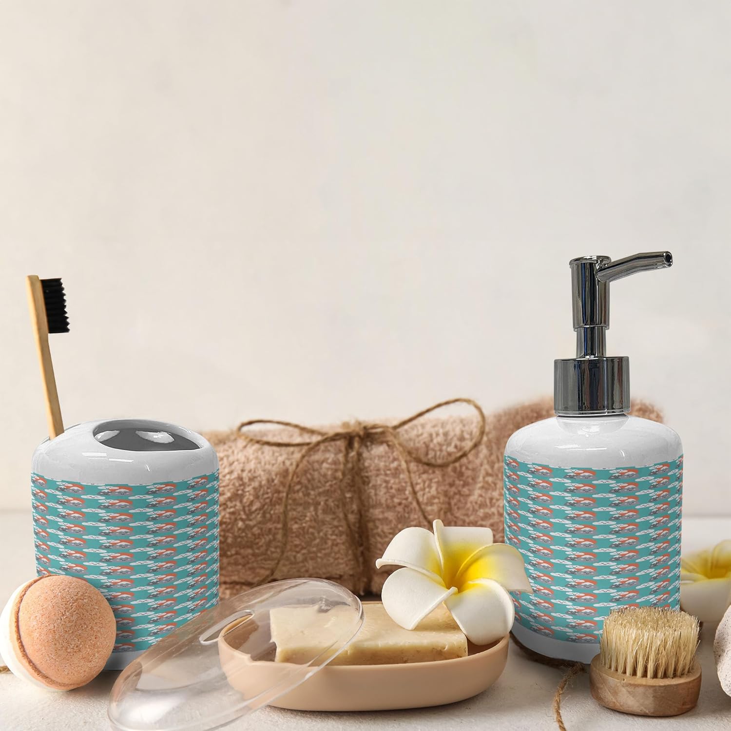 Ambesonne Ceramic Soap Toothbrush Set Happy Mountain Pattern