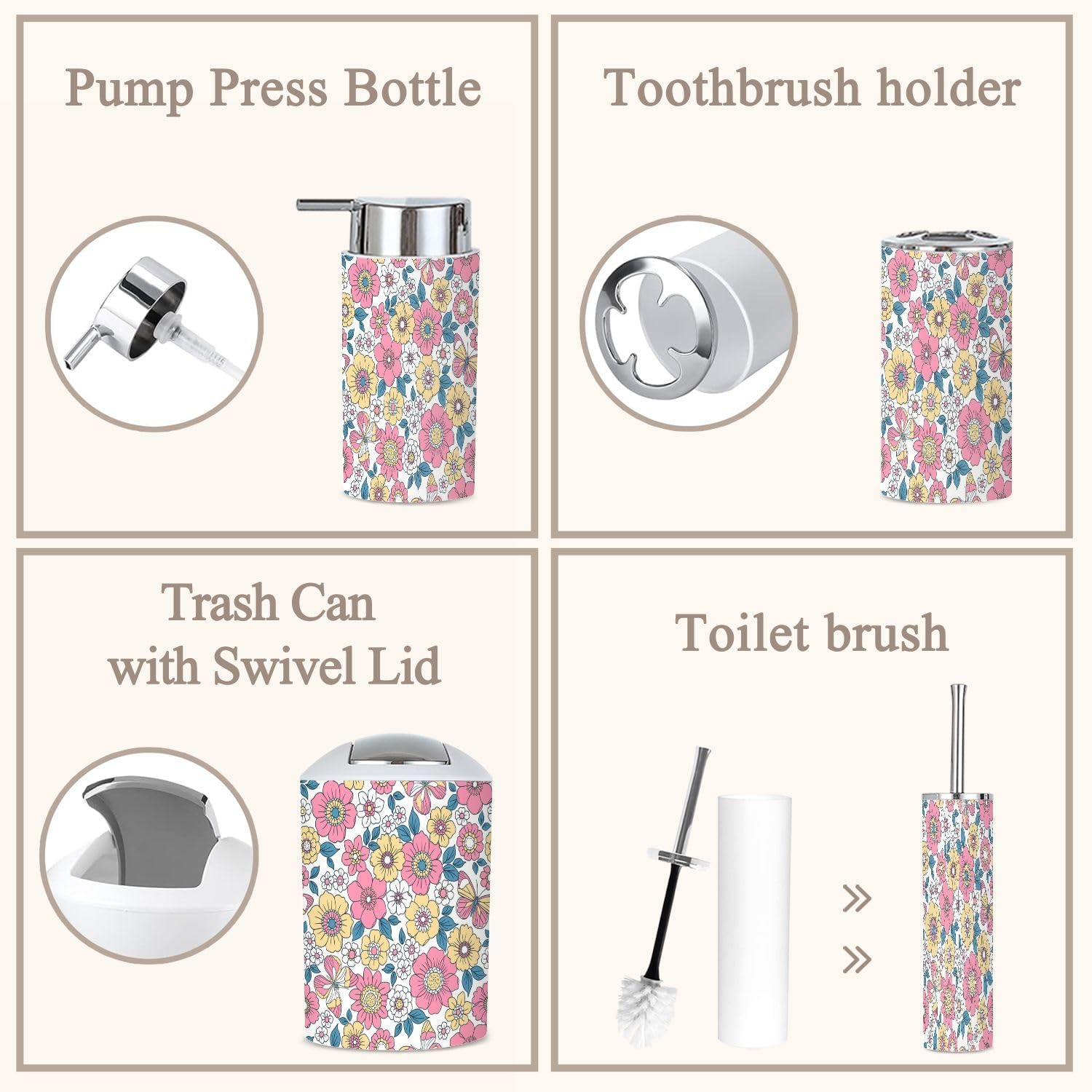6 Piece Retro Floral Bathroom Accessories Set