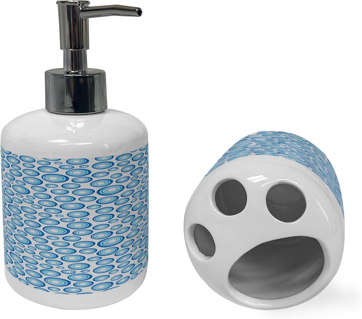 Ambesonne Geometric Soap Toothbrush Holder Set Retro Blue Ceramic 2 Pcs