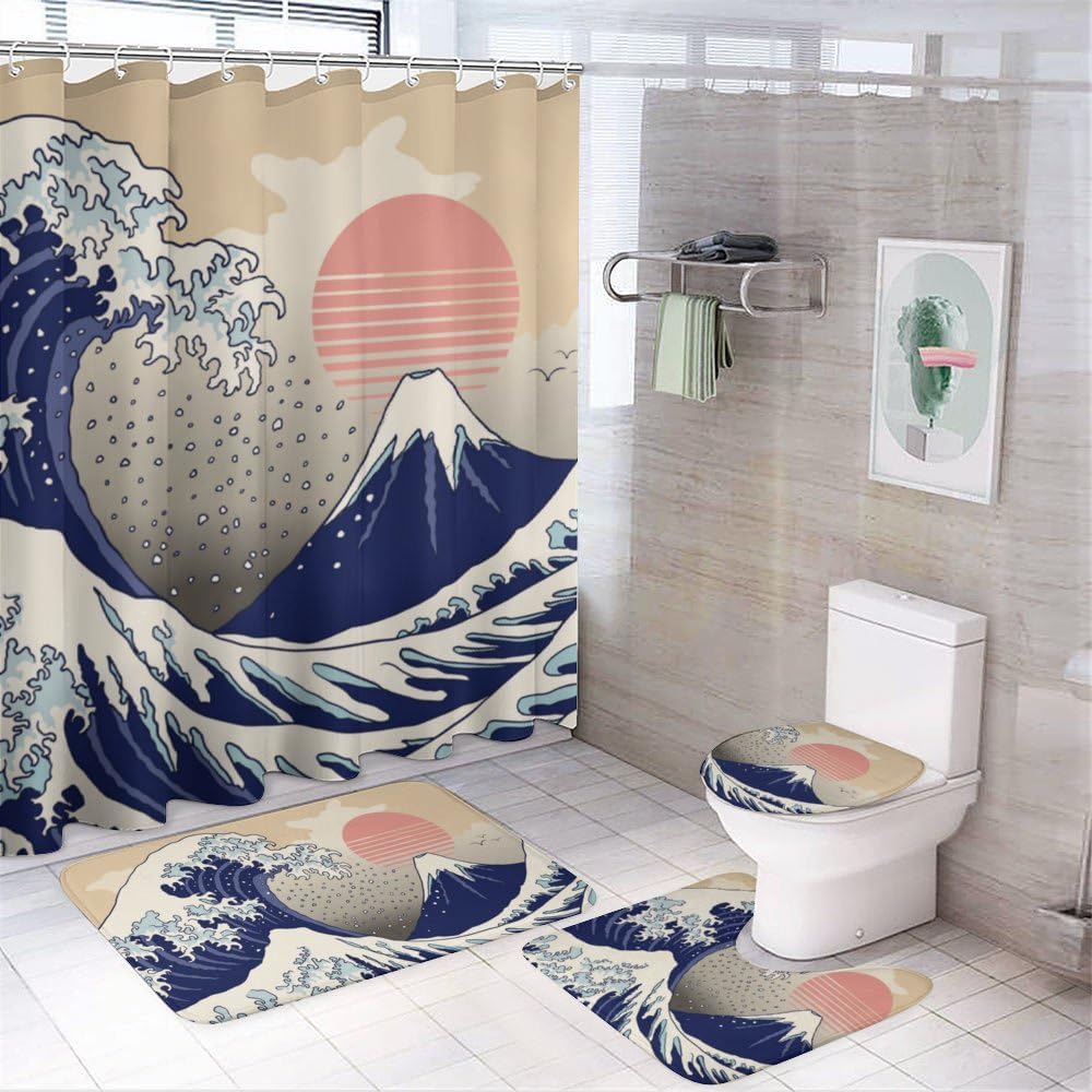 Kuizee 4 Piece Japanese Wave Shower Curtain Set with Non-Slip Mats