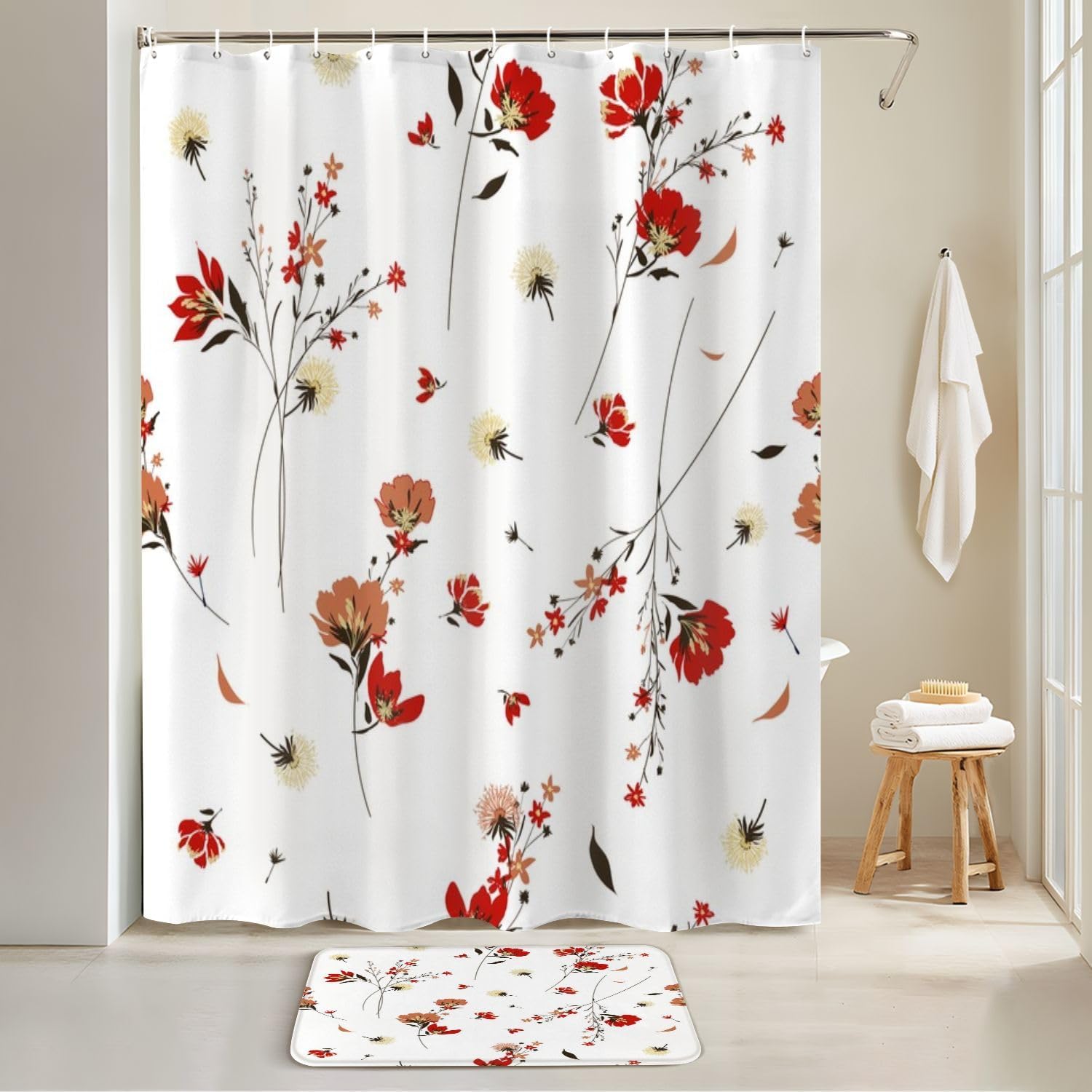 4-Piece Shower Curtain Set with Retro Wild Flowers Pattern