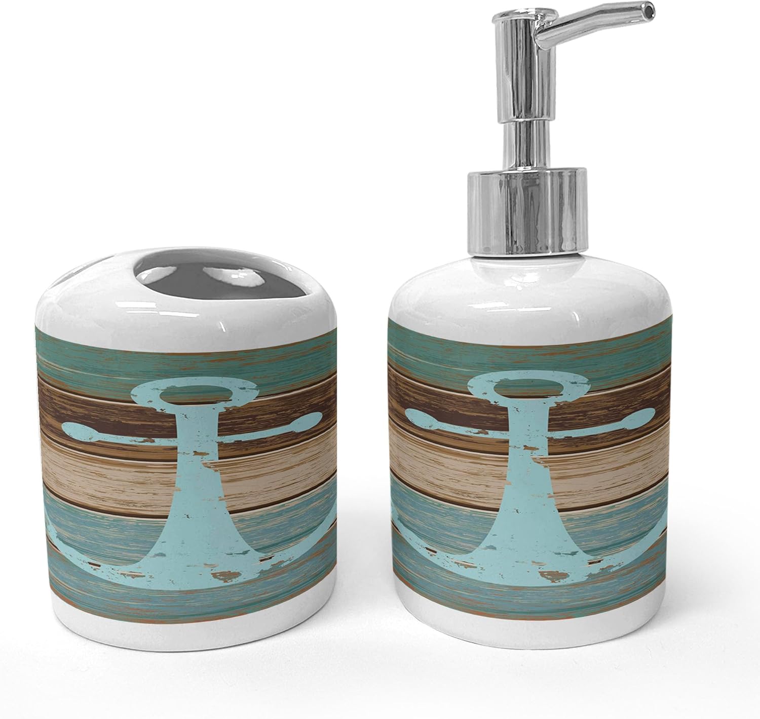 Ambesonne Anchor Soap Dispenser Toothbrush Holder Set Pale Blue Brown Teal