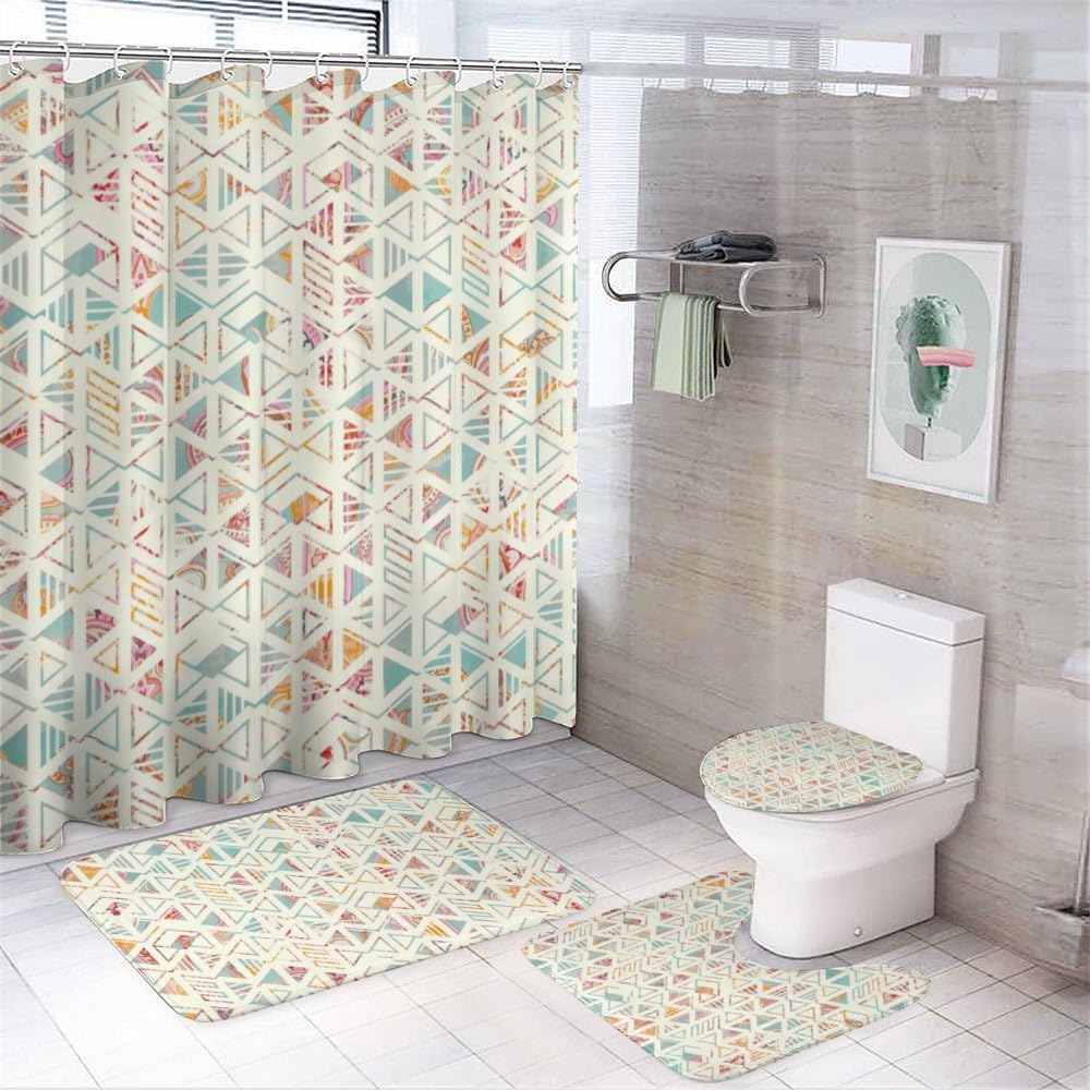 Kuizee 4-Piece Shower Curtain Set with Non-Slip Rugs 72x72 Inch