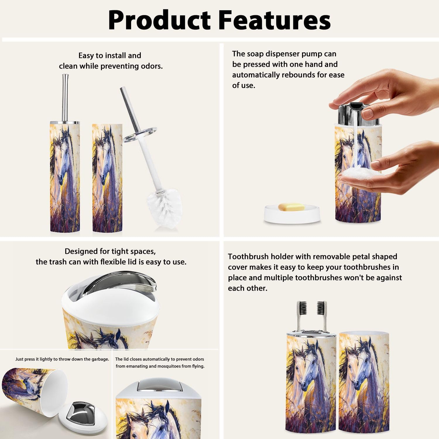Boho Oil Canvas Horses Bathroom Accessory Set of 6