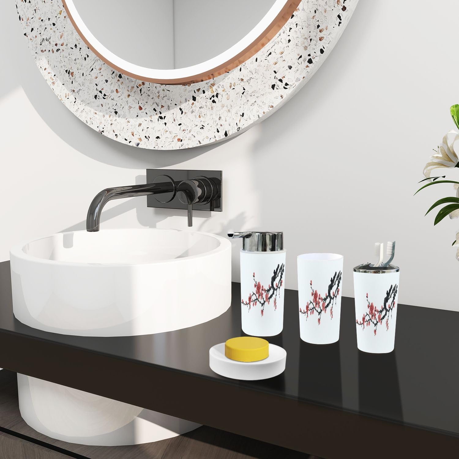 Boho Plum Blossom Bathroom Accessory Set 6 Piece