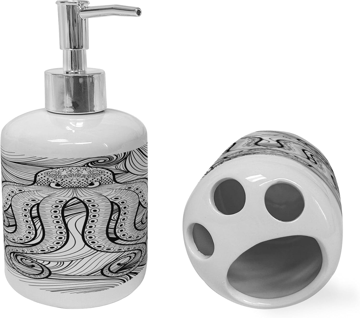 Ambesonne Octopus Soap Dispenser Toothbrush Holder Set Black White 1