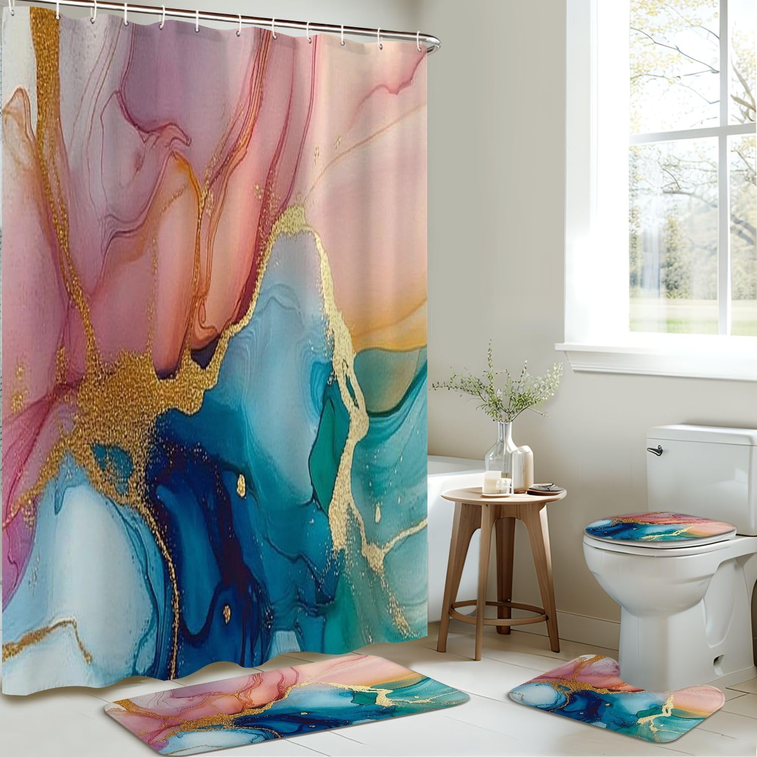 4 Piece Shower Curtain Set with Non-Slip Mats