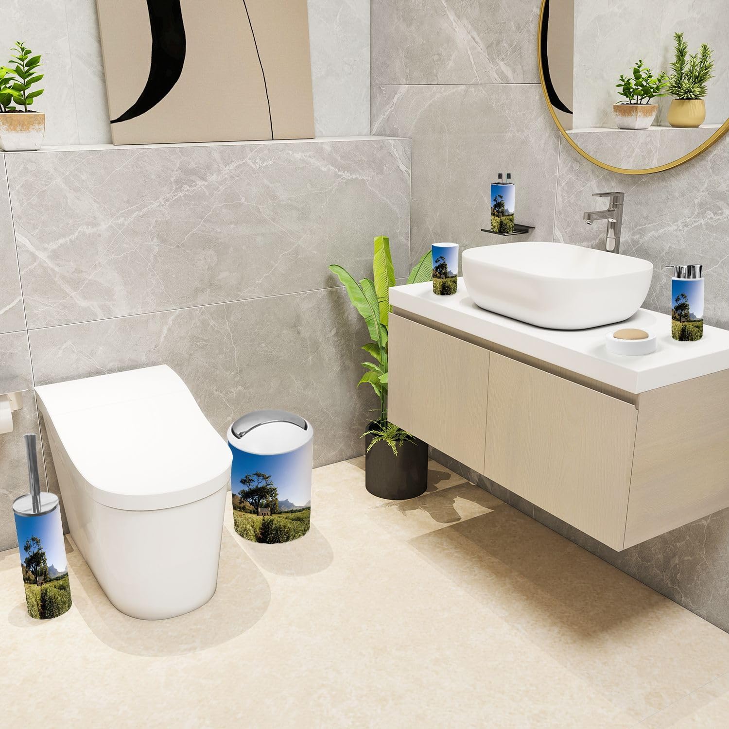6 Piece Farmhouse Bathroom Accessories Set with Lavender Fields Design