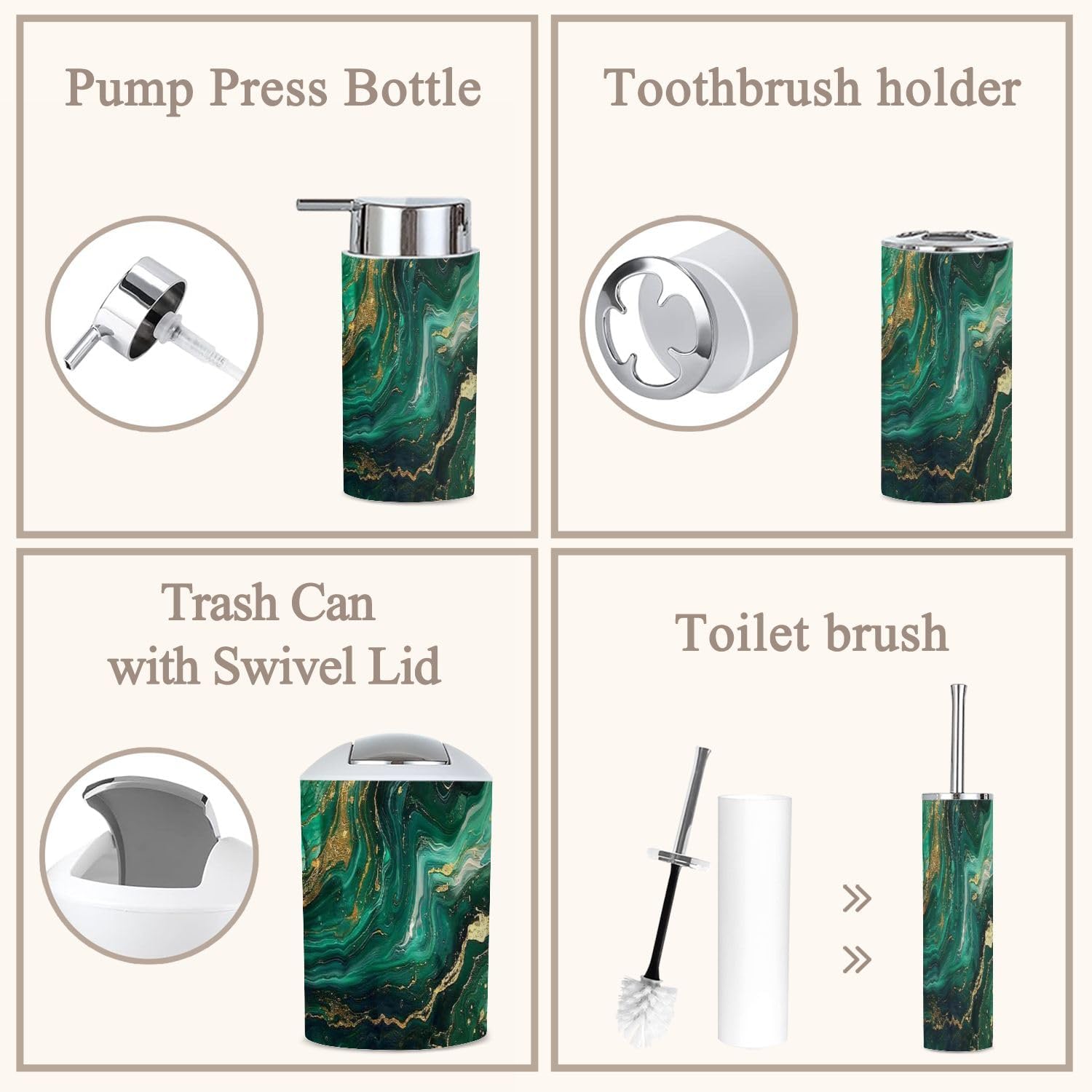 6 Piece Green Marble Bathroom Accessories Set