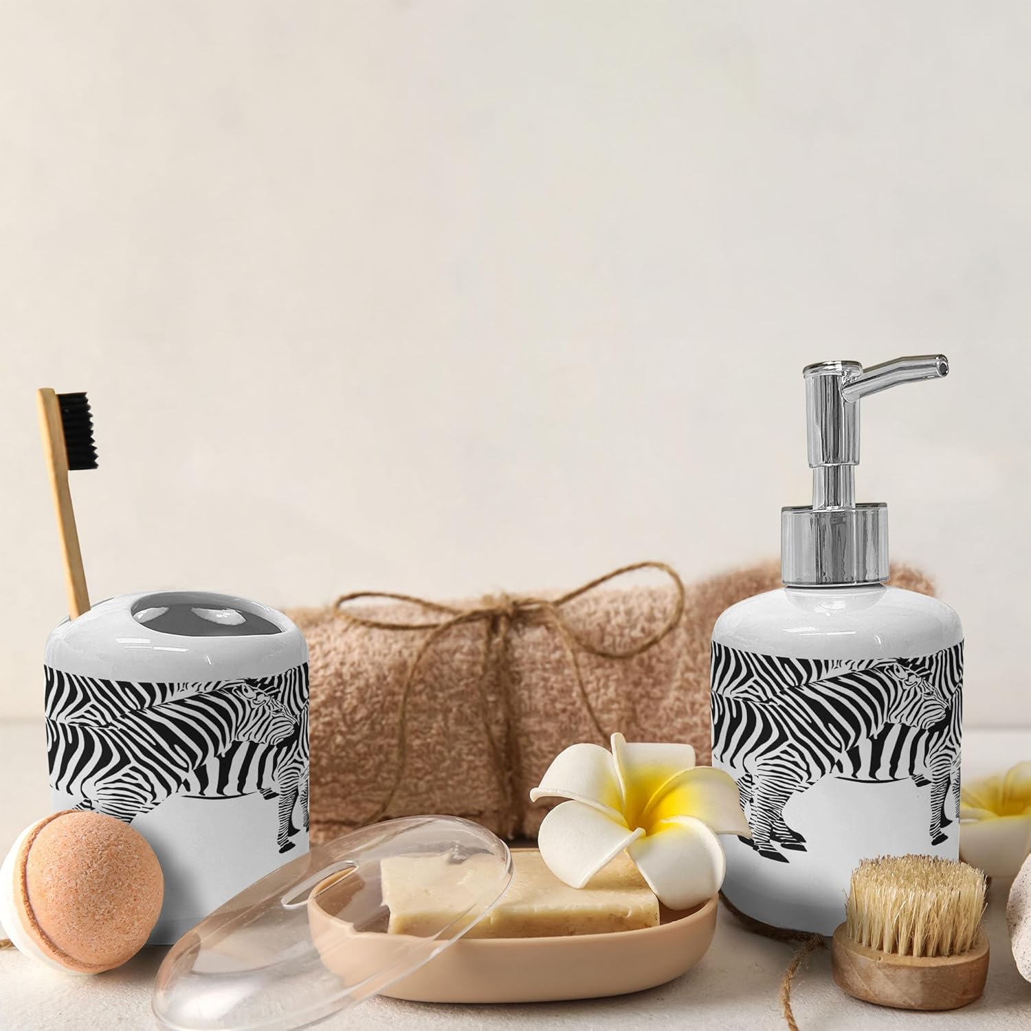 Ambesonne Savannah Soap Toothbrush Holder Set Zebra Print 2 Pcs Ceramic