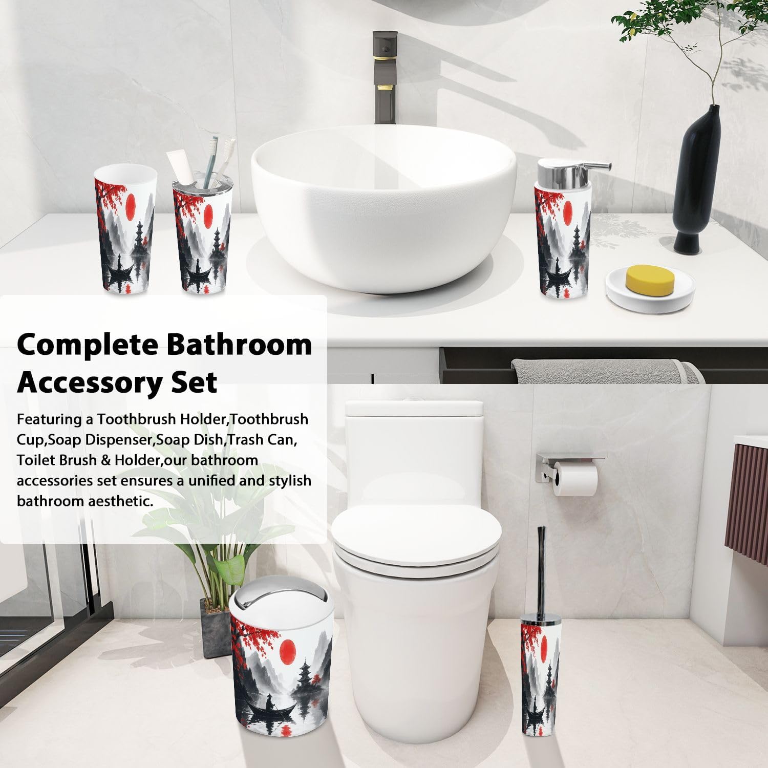 Boho Japanese Style Bathroom Accessory Set of 6