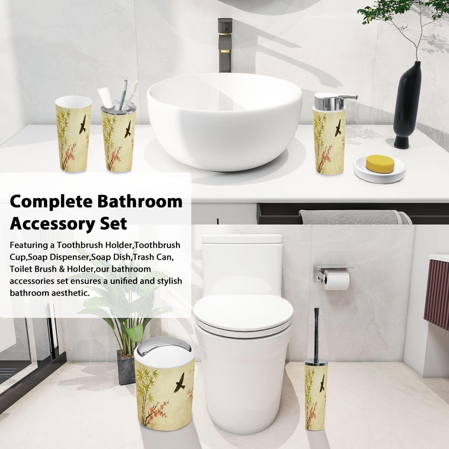 Boho Bathroom Accessory Set 6 Piece Bamboo Style