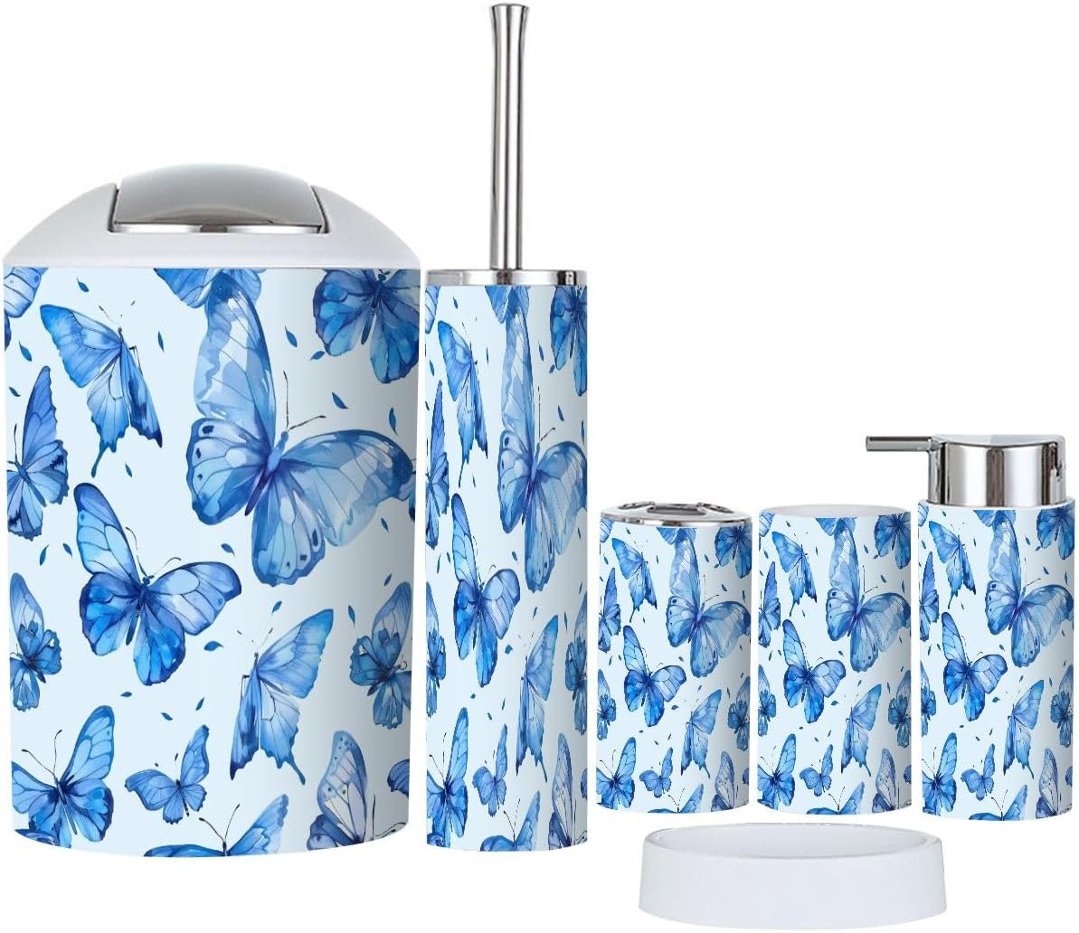 Boho Bathroom Accessory Set 6 Piece Blue Butterfly Design