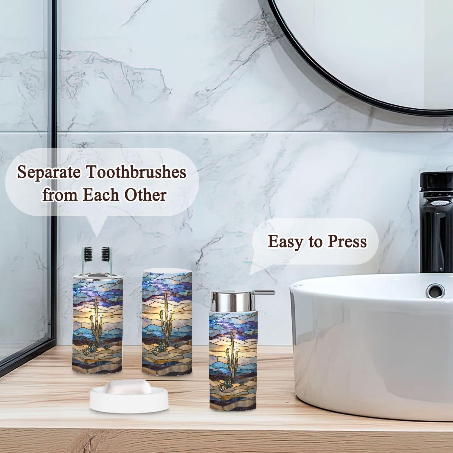 6 Piece Bathroom Accessories Set with Desert Landscape Cactus Design