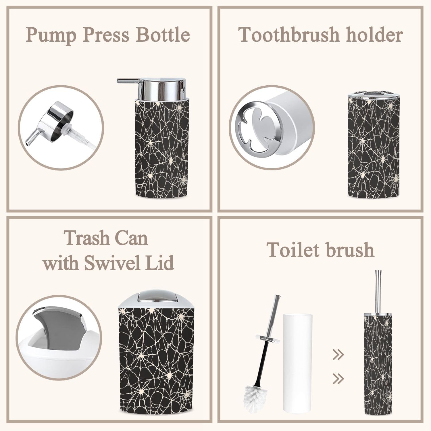6 Piece Bathroom Accessories Set Spiderweb Pattern