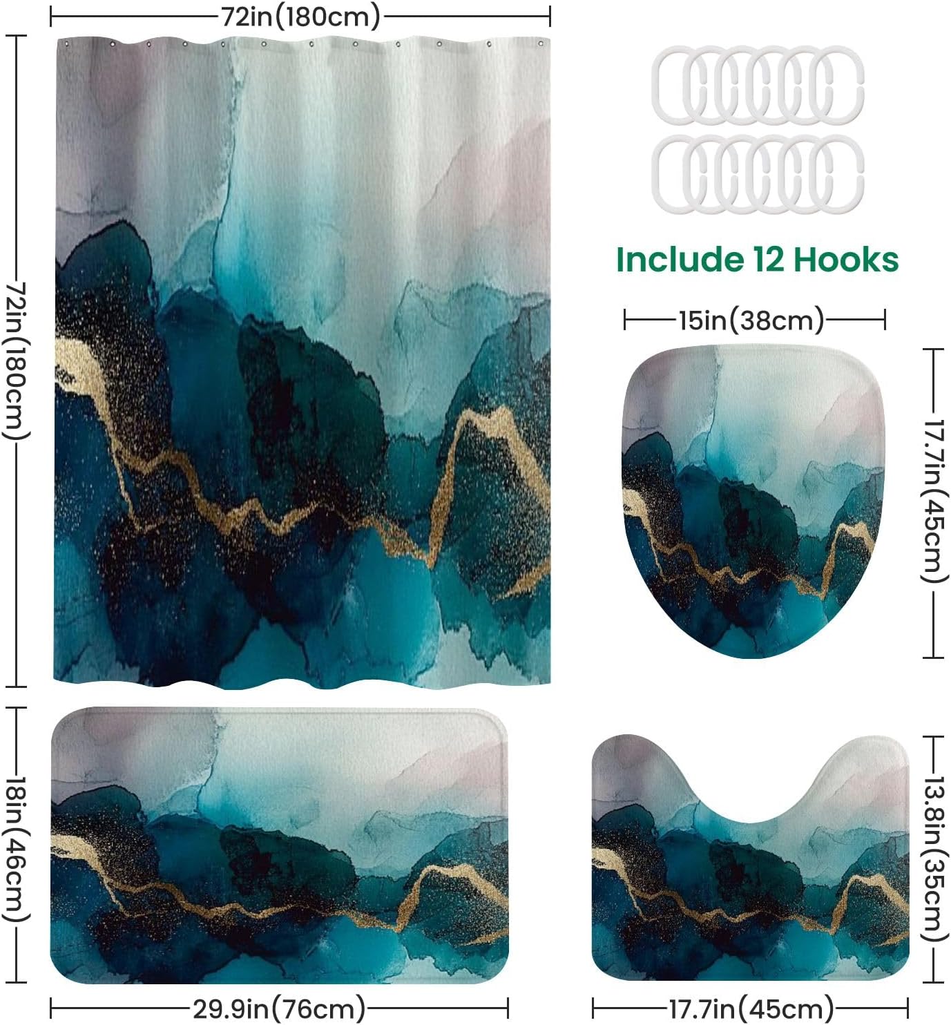 JCOOKLOFTS 4 Piece Shower Curtain Set with Rugs Mats and Lid Cover