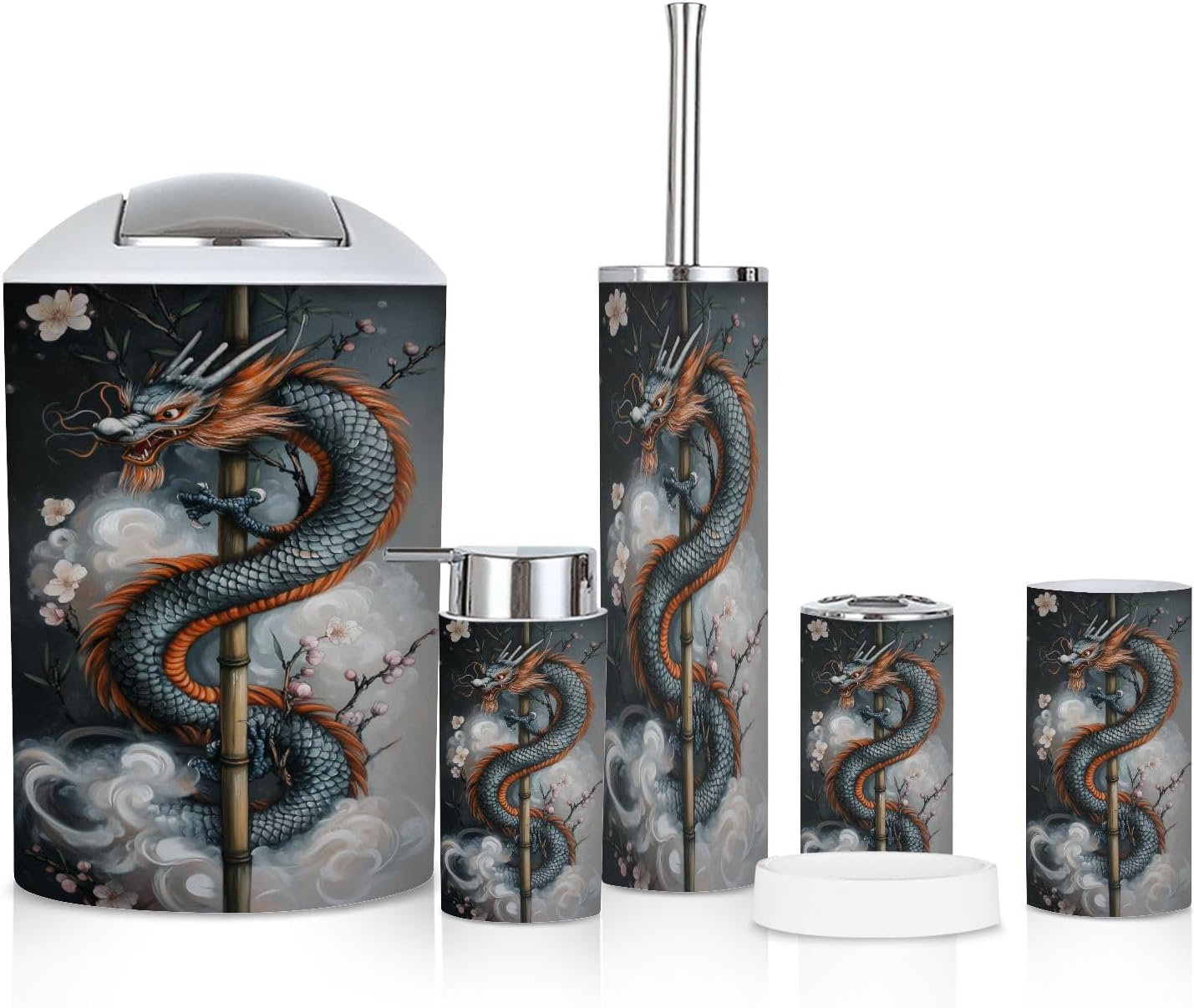 6 Piece Bathroom Accessories Set with Dragon Plum Blossoms Design