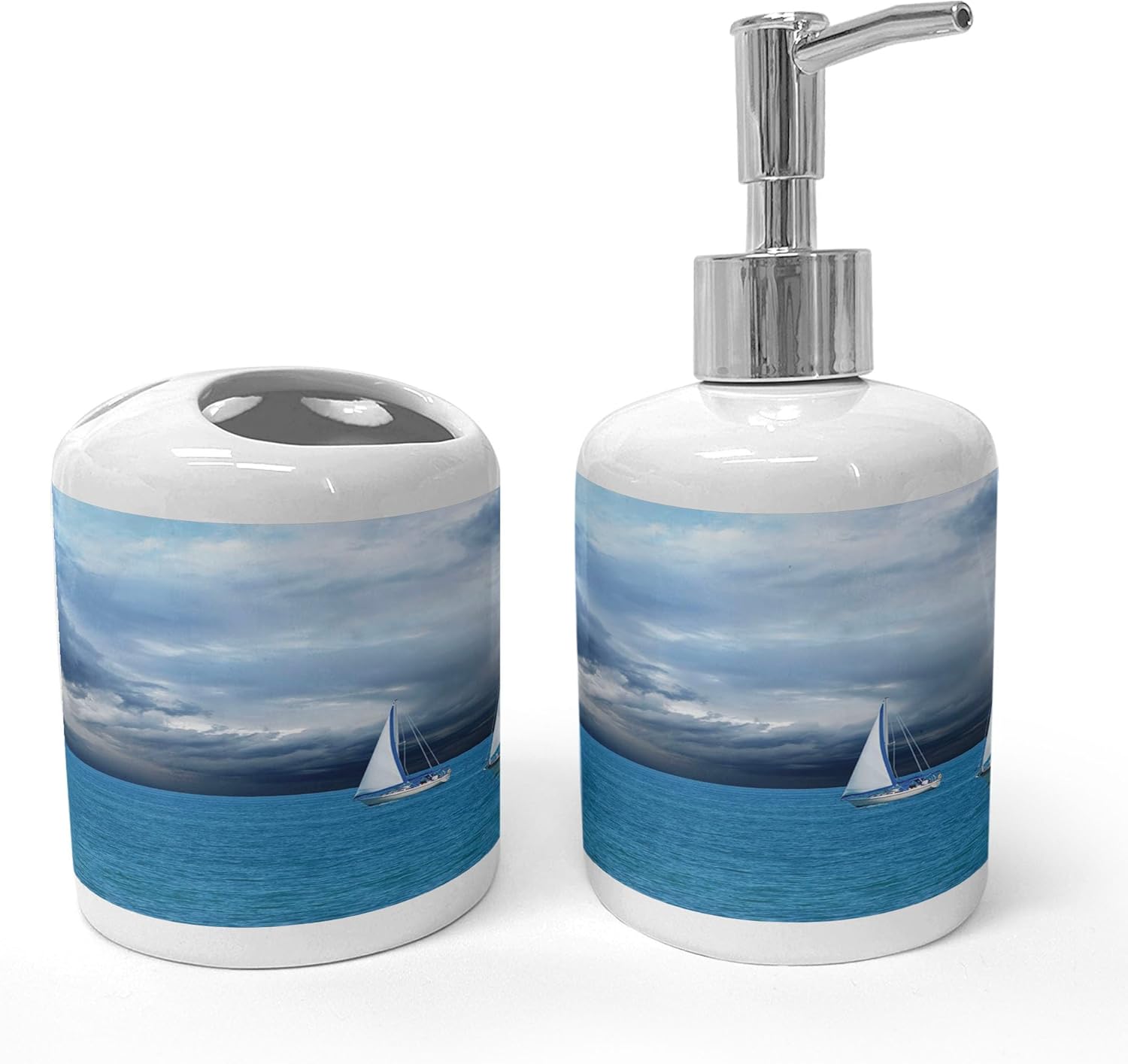 Ambesonne Ceramic Soap Toothbrush Holder Set Blue Grey Blue White